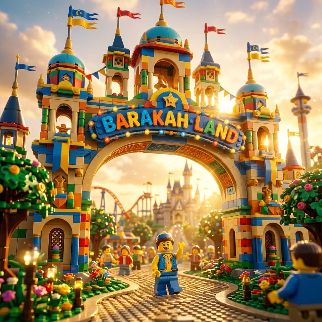 A cinematic 3D welcome gateway built from toy bricks for Barakah Land Adventure
